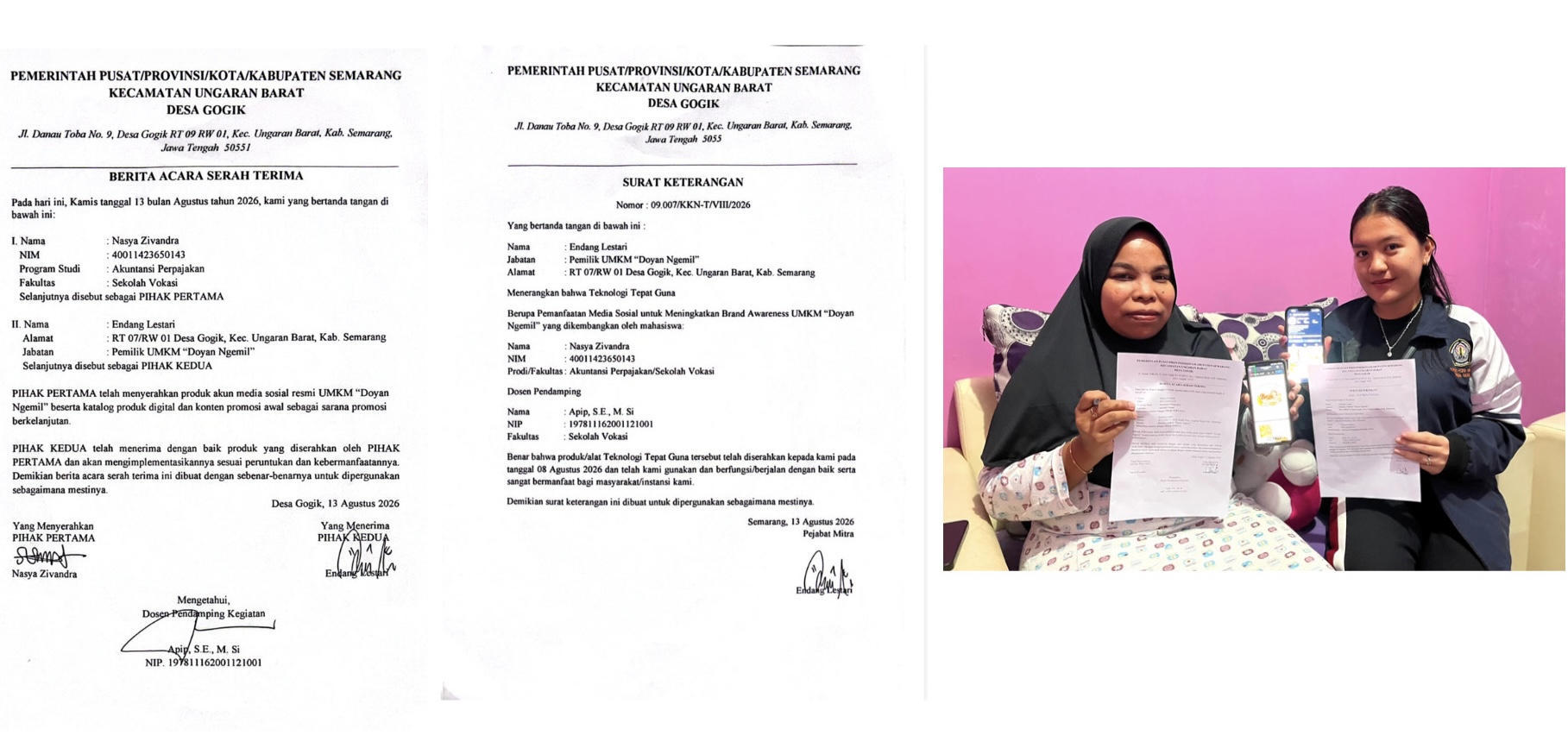 Melaksanakan penyerahan Program SOSMA ke Pemilik UMKM ”Doyan Ngemil”